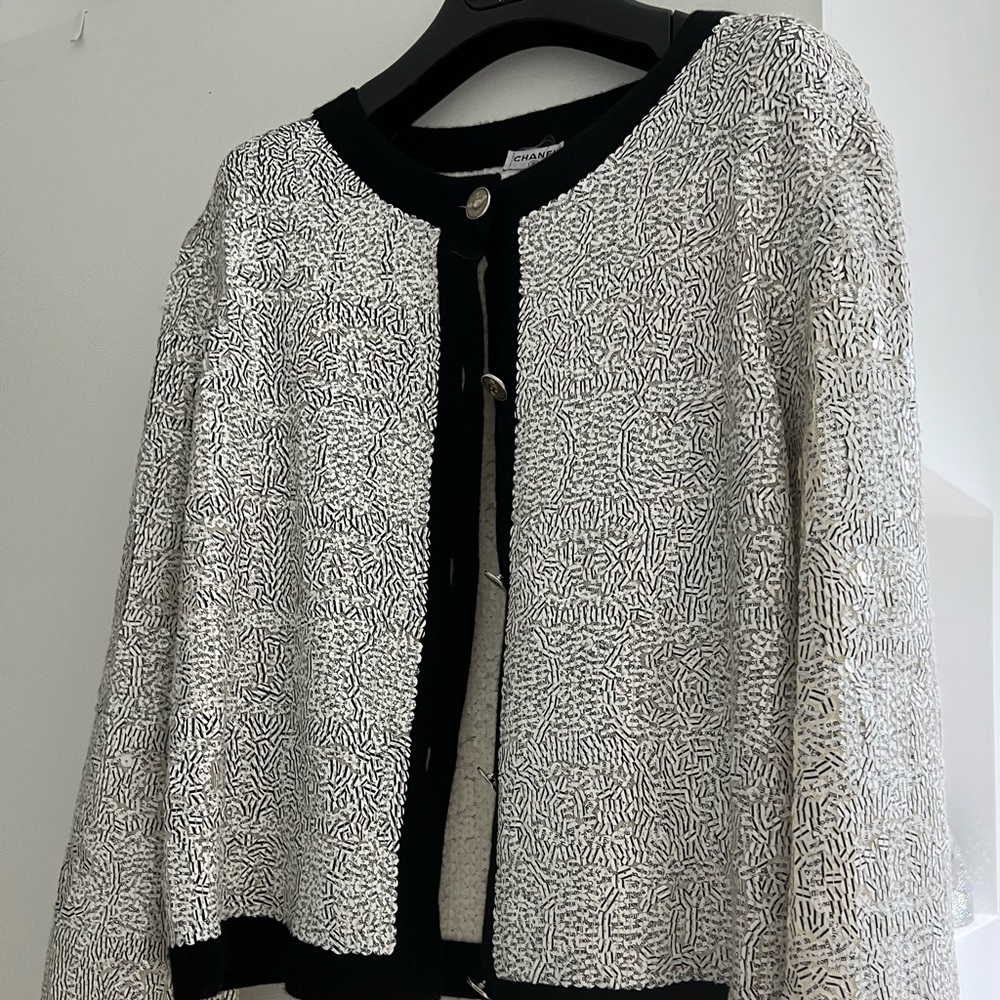 Chanel black and white sequin newspapers cc cashmere sweater